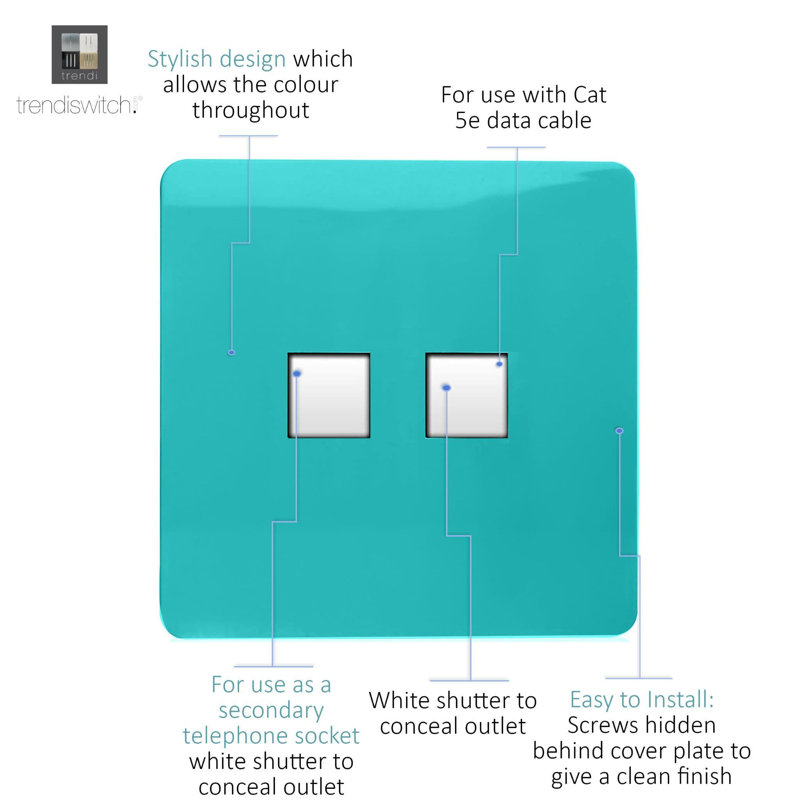Trendi Switch 2 Gang RJ45 Cat 5e PC Ethernet & Telephone Sockets, Bright Teal