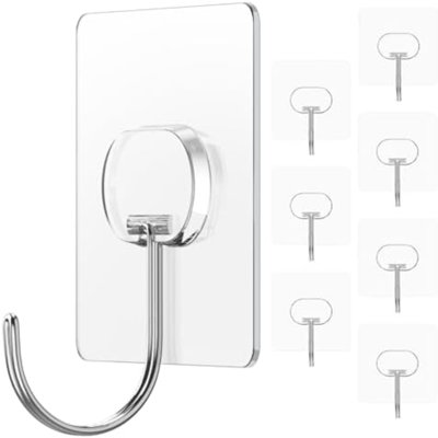 Adhesive Wall Hooks No Drill Large Clear Heavy Duty,13LB Sticky 8 Pack | Large Waterproof Transparent Sticky Hooks for Hanging,13lbs Max Load No Damage, Ideal for Towel,Coat,Bathroom,Kitchen,Home