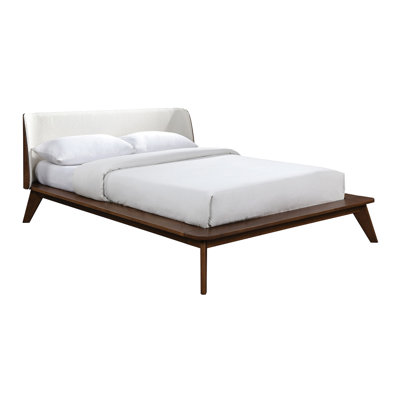 Queen Size Bed, Walnut Color Solid Wood Mid - Century Modern Platform With Panel And Fabric Winged Edge Headboard, Tapered Angled Leg, Mattress Ready