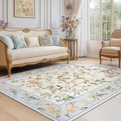 Chinoiserie Vintage Floral Rug Washable Non-slip Beige/Blue