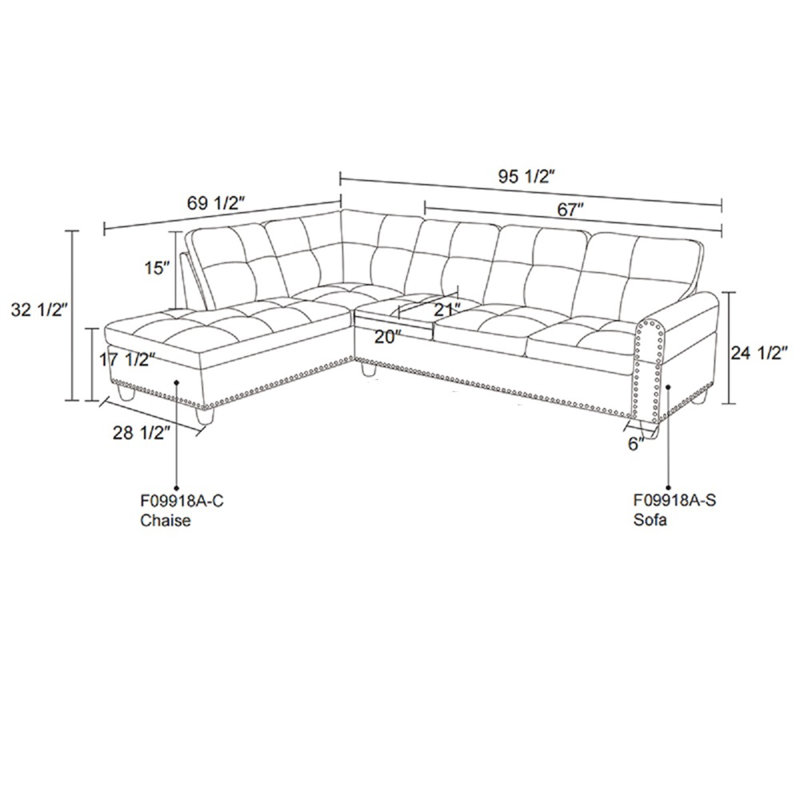 96" Wide 2 Piece Upholstered Sectional, Left Hand Facing