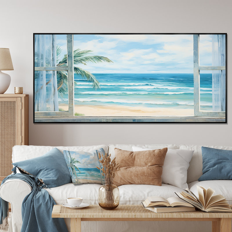 «Tranquility Beachside Windows Horizon III - Coastal Windows», art mural, Cadre flottant noir, H 28 po x l 60 po x P 1,5 po