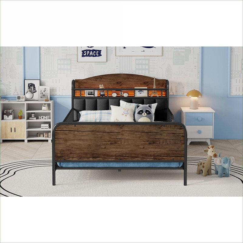 Lit plateforme courbé en métal pour chambre d'enfant noir de jais avec lumière DEL et tête de lit tapissier avec rangement
