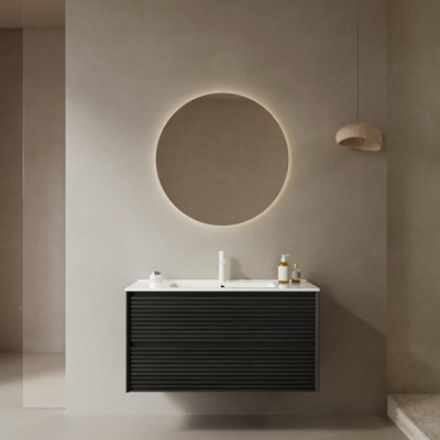 Meuble-lavabo 36 po avec lavabo en céramique - Contreplaqué chêne foncé 2 tiroirs avec lavabo blanc pratique