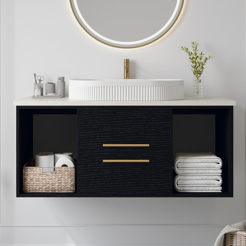 Meuble-lavabo moderne avec lavabo ovale en céramique, finition murale noire et dorée, solution de salle de bain compacte
