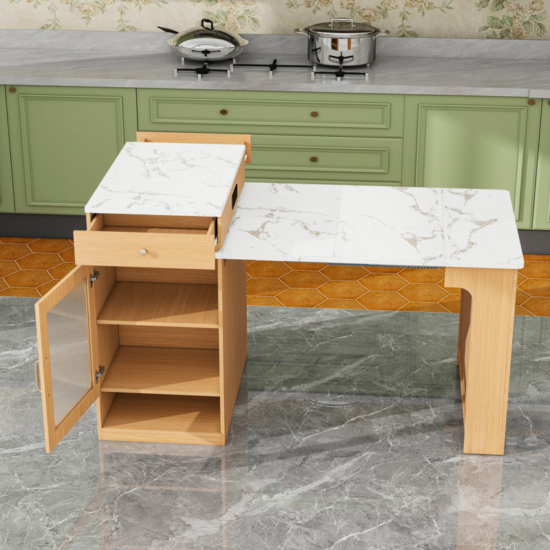 Kitchen Island with Extendable Dining Table, 2 Drawers, Power Outlet and Side Open Shelves, Natural