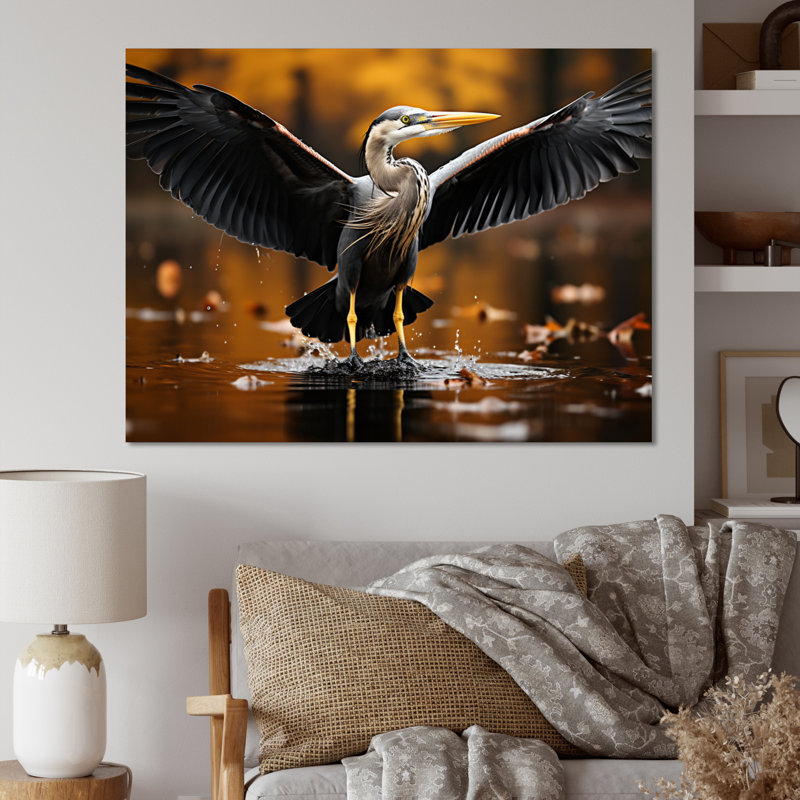 «Yellow Black Heron Elegance» dévoilé sur toile, Toile tendue, H 12 po x l 20 po x P 1 po