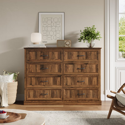 Commode à 8 tiroirs H 55 po, commode de chambre à coucher, meuble télé en bois rustique pour le salon Hava