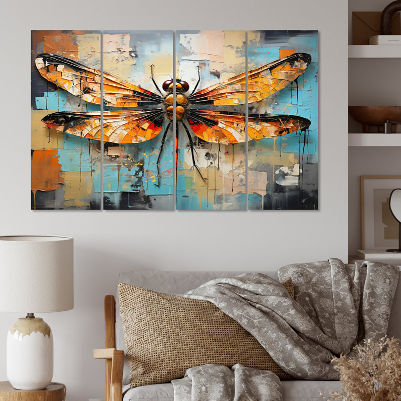 «Orange Dragonfly Insectes Flight Collage I», ensemble d'art mural en métal