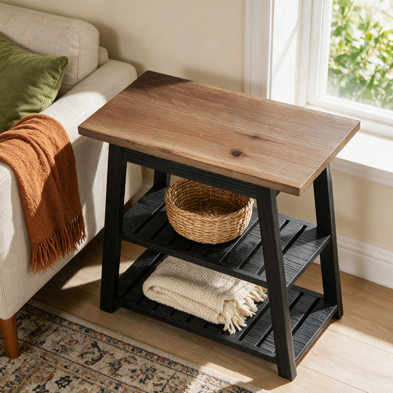 Table de bout en bois massif 23,6 po avec tablettes de rangement ouvertes à 2 niveaux pour le salon