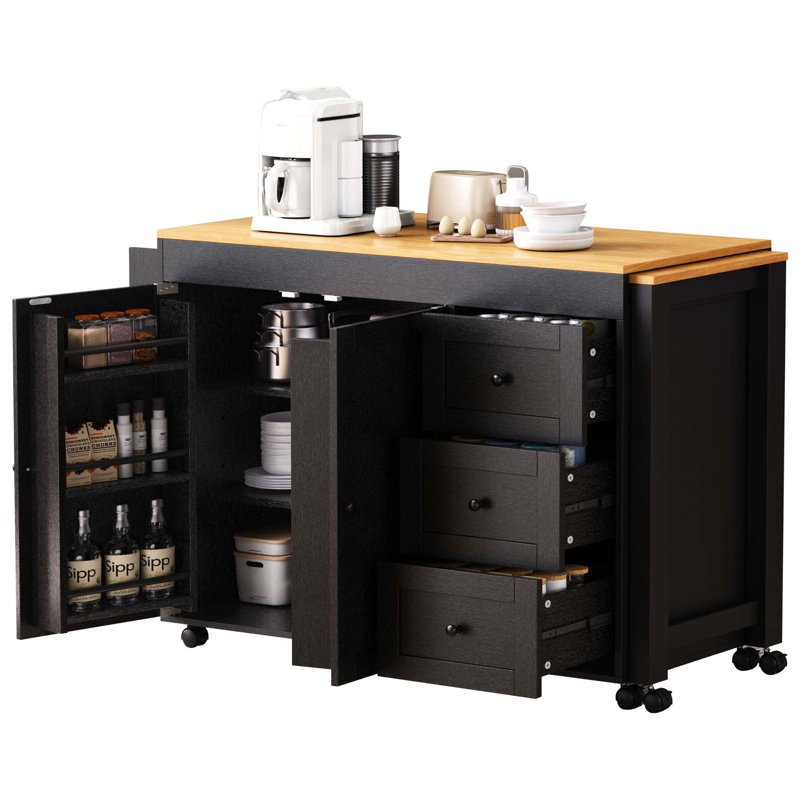 Îlot de cuisine avec rangement et table de salle à manger extensible Arlonda, Noir