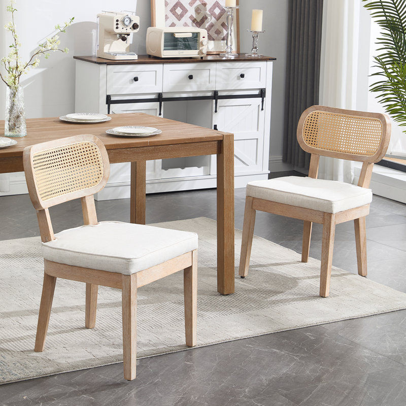 Rattan Dining Chairs Farmhouse Dining Room Chairs Wooden Kitchen Chairs Side Chairs With Cane Backrests, White/Nature