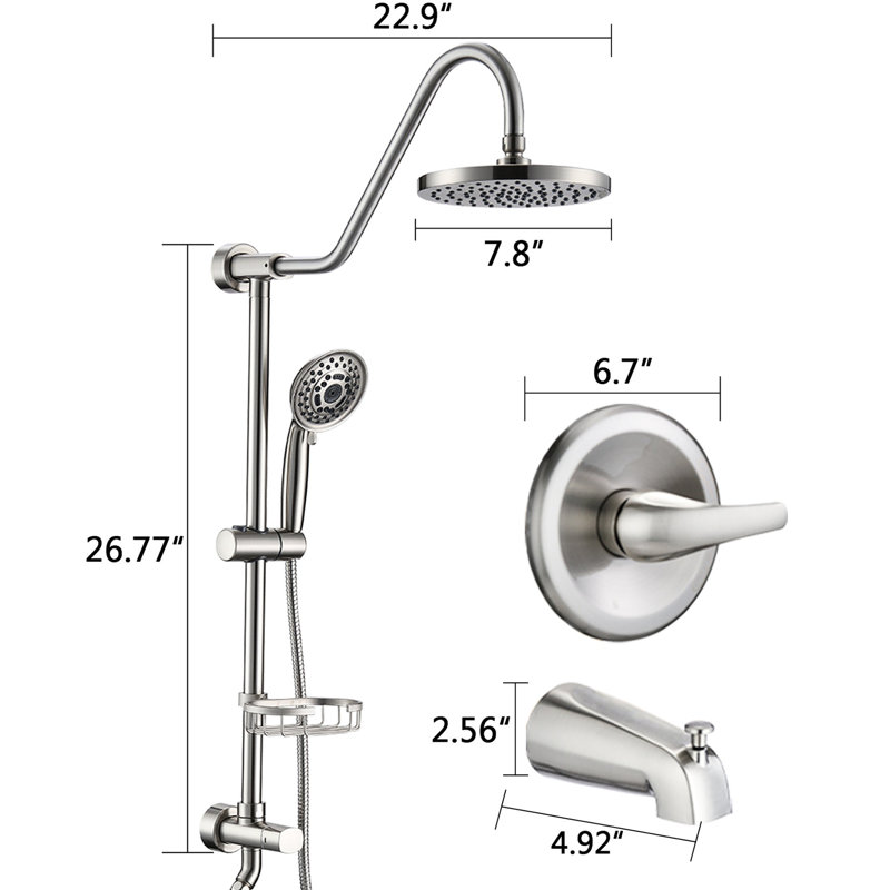 Brushed Nickel Shower With 8" Stainless Steel Rain Head And Hose System 5 Handheld In