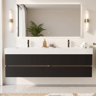 Meuble-lavabo mural 72 po à double cuve flottante à fixation murale 72 po, quatre tiroirs à fermeture en douceur, lavabo double en pierre composite, lavabo blanc brillant, robinet et drain non inclus