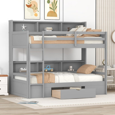 Bunk Bed With Built-In Shelves Beside Both Upper And Down Bed And Storage Drawer