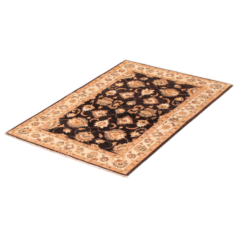 Tapis noir en laine noué à la main de conception unique 4 pi x 5 pi 8 po New Age