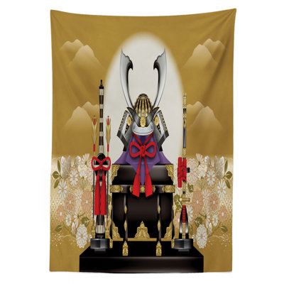 Ambesonne Japanese Tablecloth, Antique Ornamental Box Of Archer With Gear And Arrows With Flowers At Sunset, Rectangular Table Cover For Dining Room Kitchen Decor, 52" X 70", Yellow Black