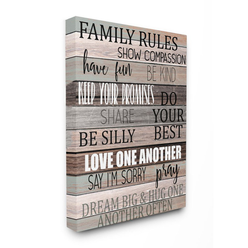 «Family Rules Text Fun Wood Grain Rustic Tan Teal» par Kim Allen - impression d'art texturé, H 40 po x l 30 po x P 1,5 po