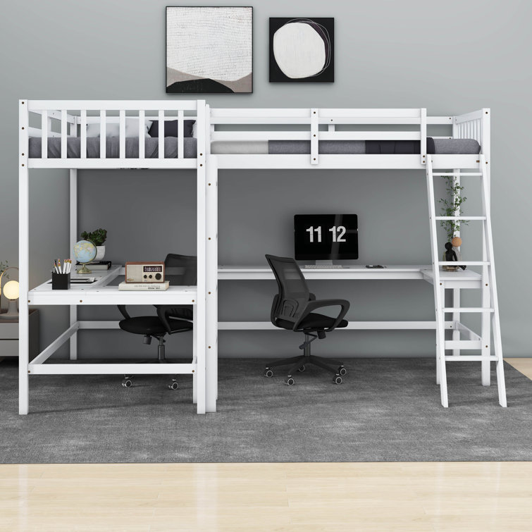 Jarques Wood Twin Size L-Shaped Loft Bed with 2 Built-in L-Shaped Desks