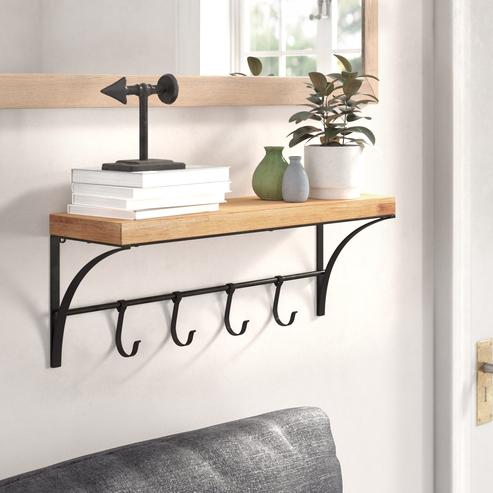 Trent Austin Design® Earp Solid Wood Bracket Shelf with Hooks | Wayfair