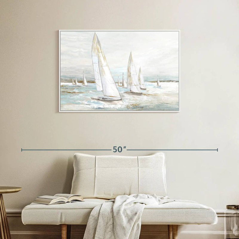 Voiles balayées par le vent I, Cadre flottant blanc, 37 po x 25 po