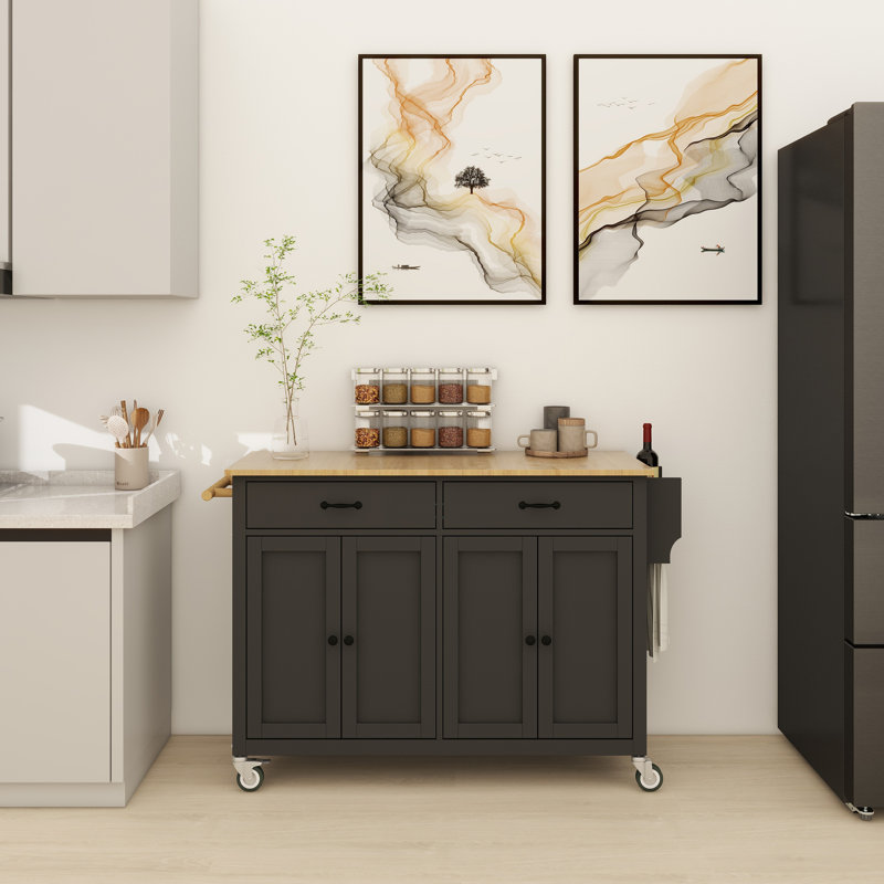 Kitchen Island Cart with Solid Wood Top and Locking Wheels,54.3 Inch Width,4 Door Cabinet and Two Drawers,Spice Rack, Towel Rack