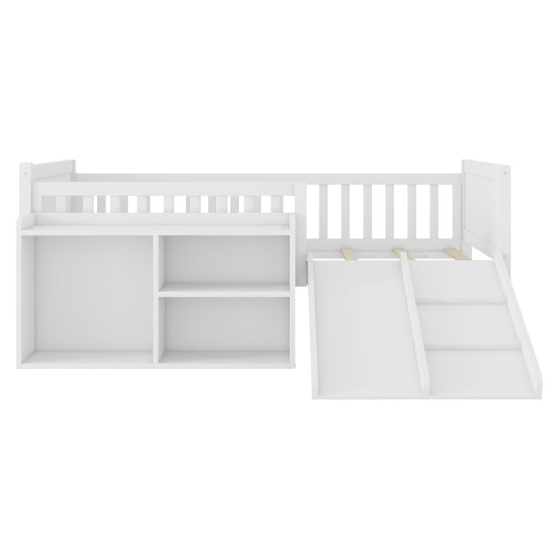 Lit simple mezzanine bas avec glissade, bibliothèque mobile et garde-corps, cadre de lit mezzanine pour enfants, blanc, Blanc