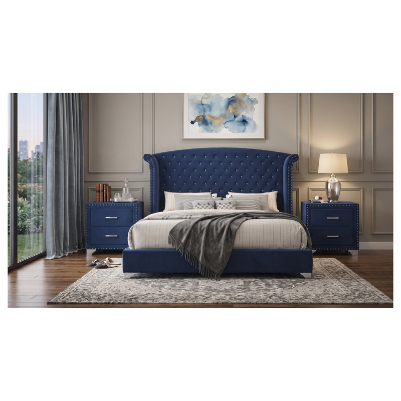 Ensemble de chambre à coucher 3 pièces Harmony Pacific Blue Eastern King avec lit à oreilles capitonné et tables de chevet assorties
