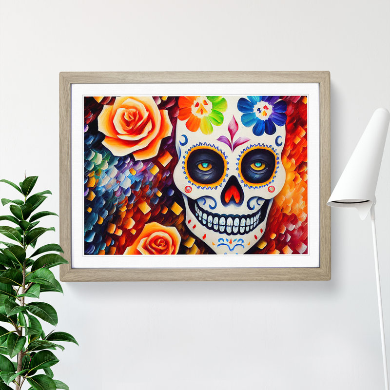 Incredible Floral Sugar Skull - Single Picture Frame Painting, Oak, 46cm H x 64cm W x 2cm D