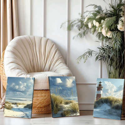 Ensemble de 3 affiches encadrées, tableau sur toile représentant un phare côtier, des dunes, de l'herbe, des vagues, un ciel bleu et des nuages. Décoration moderne pour salon, chambre, bureau, salle de bain. Prêt à accrocher. Thème côtier.