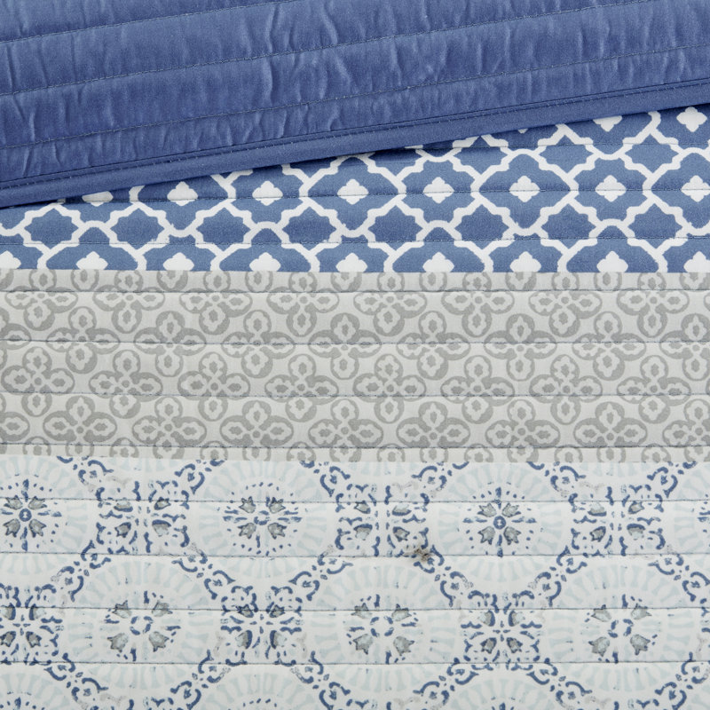 Blue Geometric Reversible Cotton Full Quilt Set