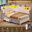 Cadre de lit d'angle simple avec lit gigogne, tête de lit de rangement DEL, lit de jour blanc convertible en lit king size avec station de recharge, barrière de sécurité bibliothèque rembourrée, lit de jour pour chambre d'adolescent ou chambre d'amis-133631944-133631945