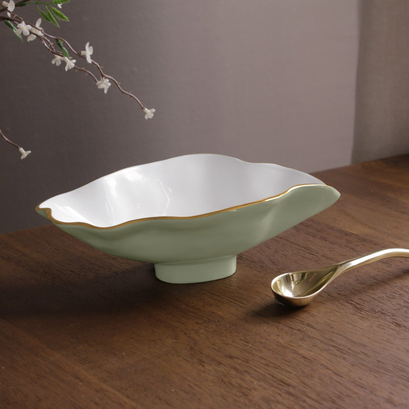 Encanto Claire Small Oval Bowl With Spoon, Pistachio/White/Gold