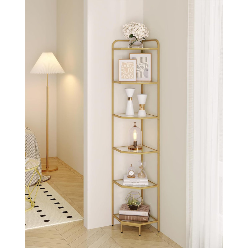 Étagère d'angle en verre à 6 niveaux, bibliothèque moderne en métal, or