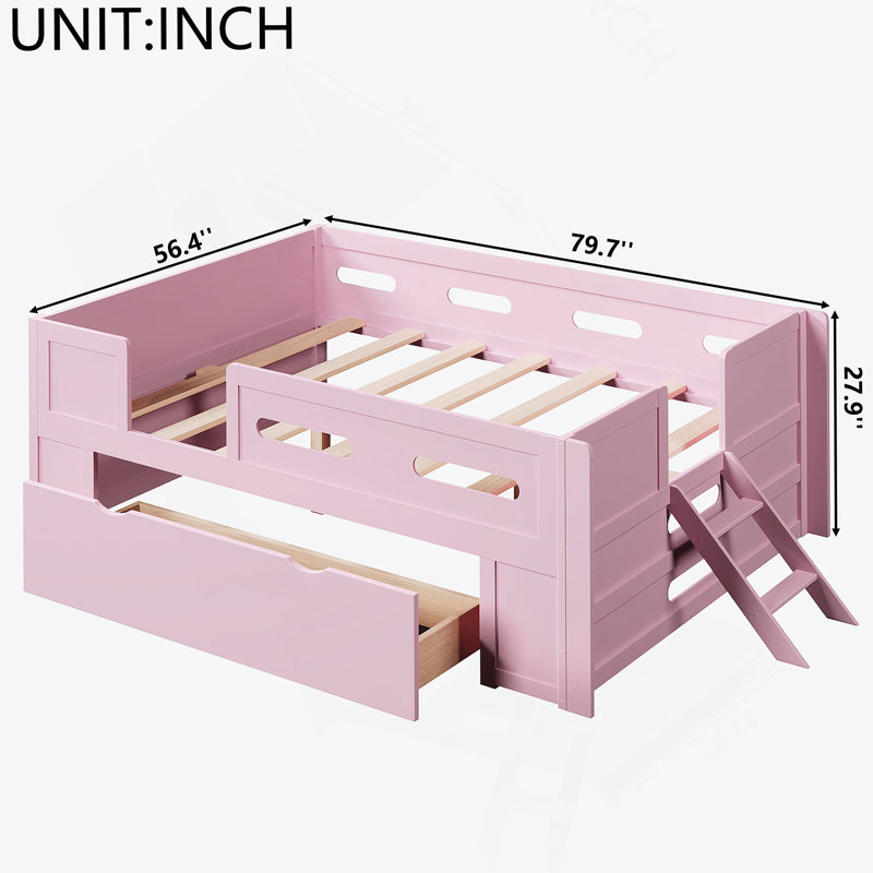 Lit plateforme en bois avec garde-corps et tiroir, Lit double, Rose