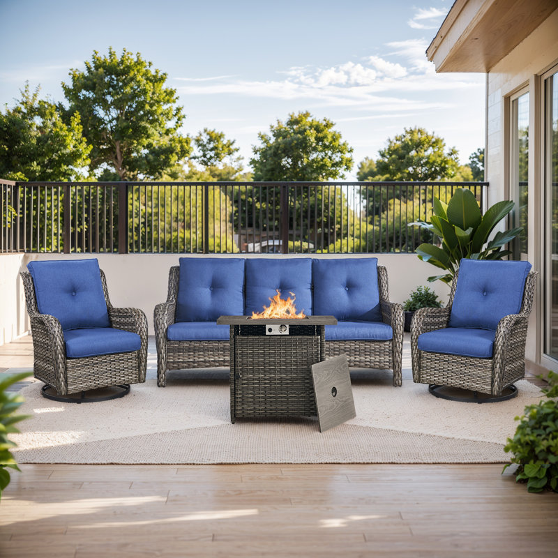 Carolina 5 - Person Sofa Seating Group With Fire Pit With Swivel Glider Chairs And Cushions, Blue