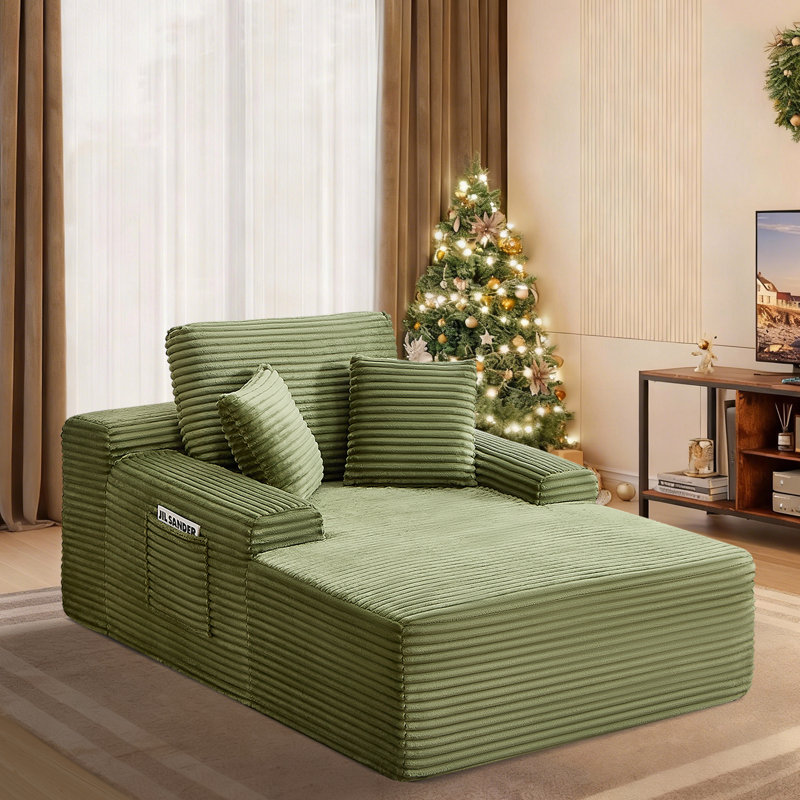Boneless 49" Modern Soft Corduroy Chaise Lounge Upholstered Sleeper Sofa Bed, No Assembly Required Floor Boneless Sofa, Green