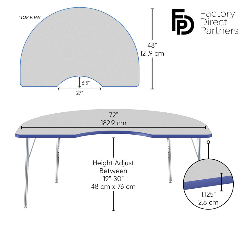Table d'activité 48 "x 72" avec moulures en T et pieds réglables, Gris / bleu / argent, Roulement pivotant standard