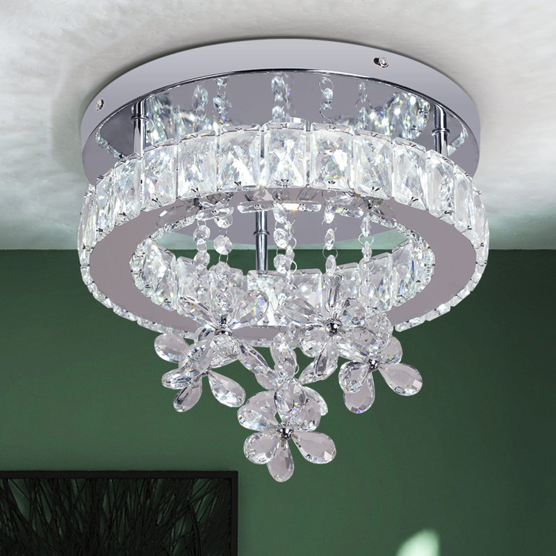 Round Crystal  Chandelier Modern  LED Ceiling Light Flush Mount Close To Ceiling Light For Living Room Bedroom (3 Light Temperatures Can Be Changed)