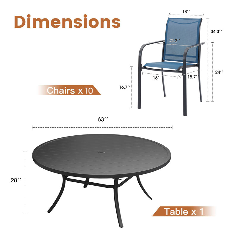 Lehigh 10-Person Patio Dining Set with 63" Round Dining Table and 10 PVC-coated polyester Dining Chairs, Blue/Black