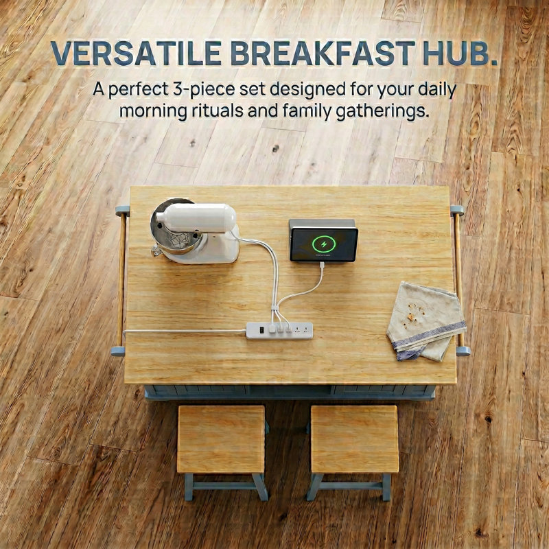 Ensemble d'îlot de cuisine 53 pièces 3 pièces avec 2 tabourets de bar, abattant, 3 prises de courant et 2 ports USB, supports de porte internes, 5 tablettes latérales