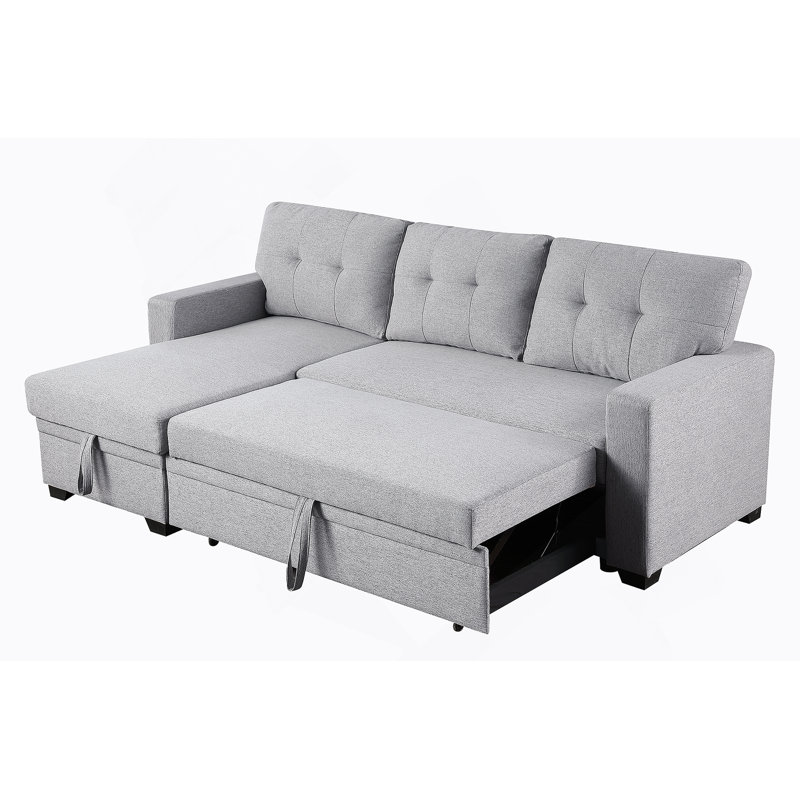 Upholstered Pull Out Sectional Sofa With Chaise, Light Grey Linen