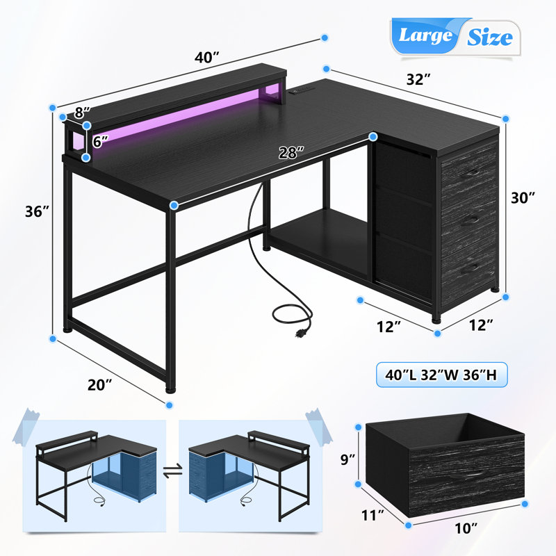 Small Home Office L Shaped Computer Desk With 3 Drawers & Led Lights & Power Outlet & Monitor Stand, Black