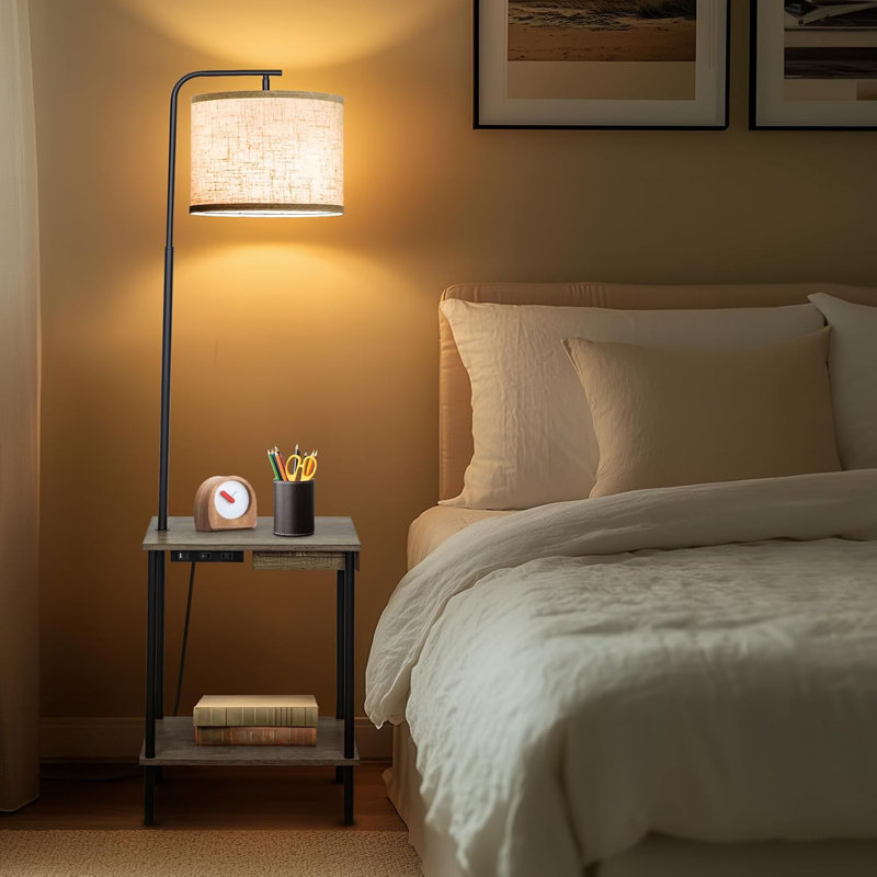 Floor Lamp With Side Table, USB Charging Port, Power Outlet, Shelves & Drawer, Adjustable LED Bulb, Rotatable Lampshade For Living Room, Bedroom, Office