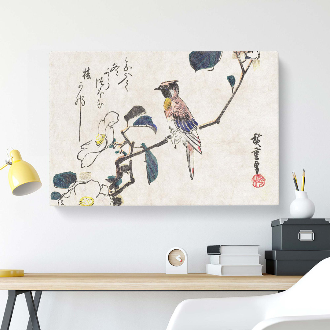 Oriole Bird On A Camellia Branch by Utagawa Hiroshige - Wrapped Canvas