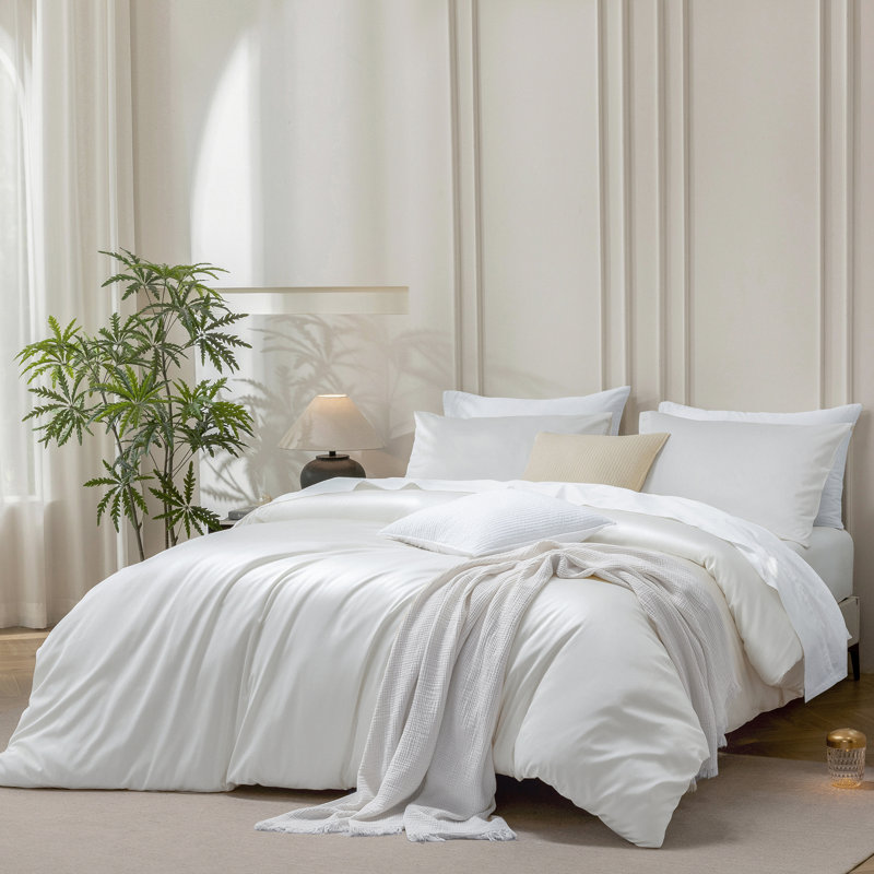 Ensemble de housse de couette MooMee, Housse de couette pour très grand lit et 2 taies, Blanc brillant