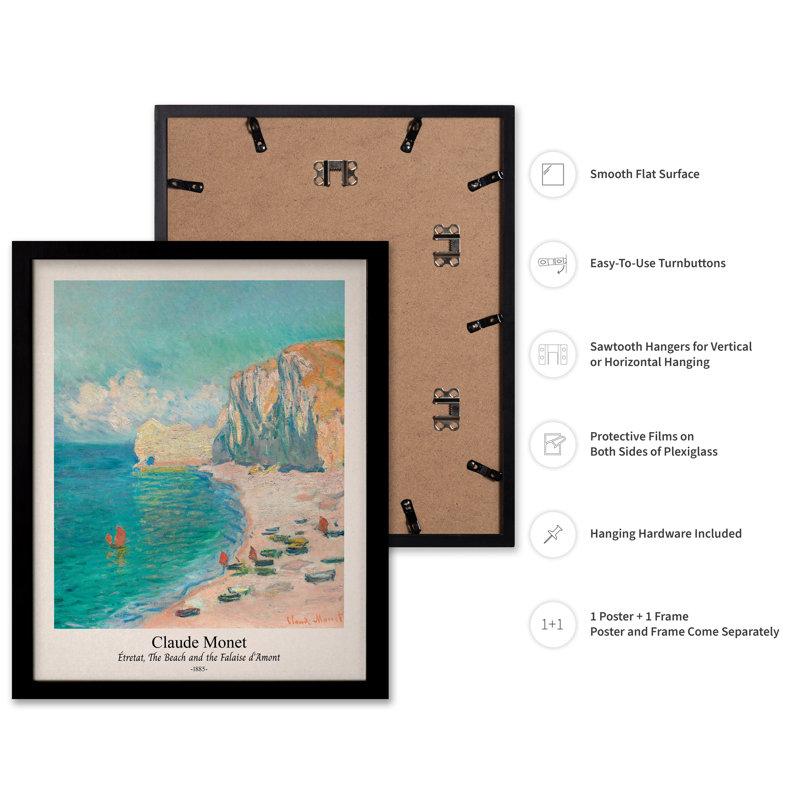Claude Monet - Plage et Falaise d'Amont, 18"H x 24"W, Poster, Black Framed