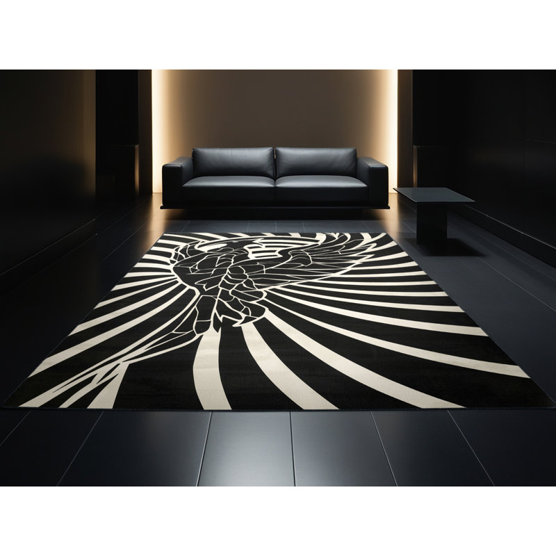 Tapis moelleux moelleux et moelleux noir Art Deco Phoenix - reliure noire, 7 x 9