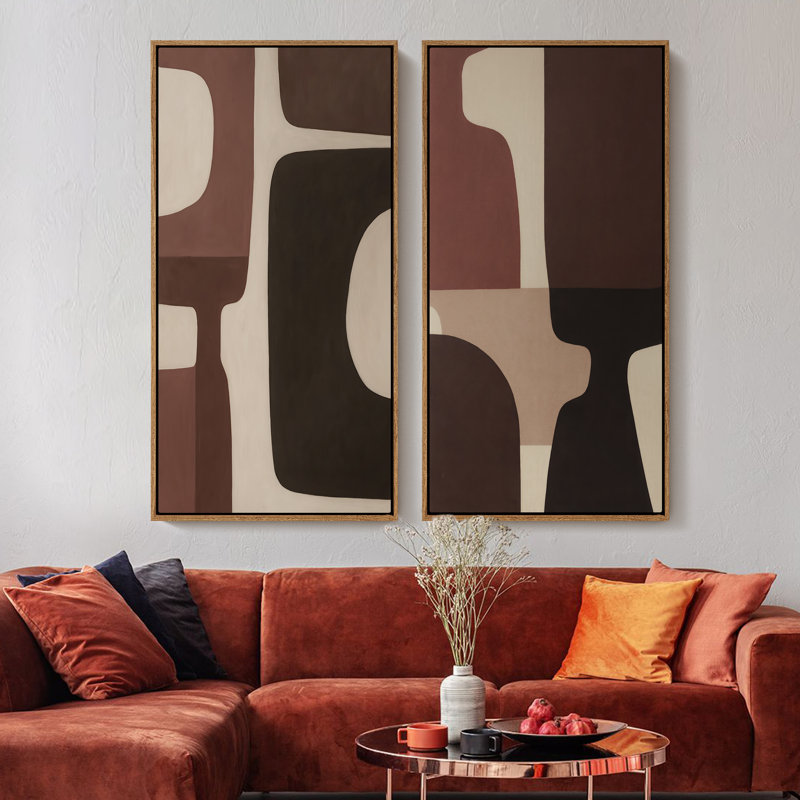 Ensemble de 2 reproductions d'art murales encadrées sur toile de formes Mid-Century géométriques dans des tons chauds de terre 60 po x 20 po x 2 pièces, 60 po x 30 po x 2 pièces