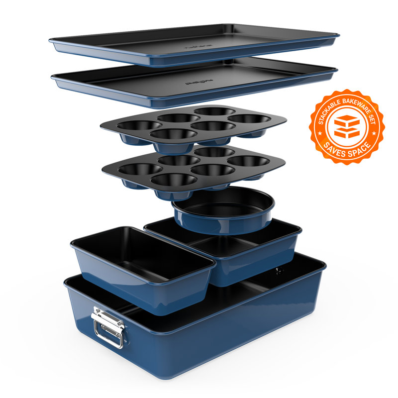 Ensemble de 8 plats de cuisson empilables antiadhésifs - Pfoa, Pfos, ensemble de plaques de cuisson sans PTFE avec revêtement antiadhésif, allant au four à 450 ° F, gâteau rond, pain, muffins, moules larges / carrés, plaque à biscuits